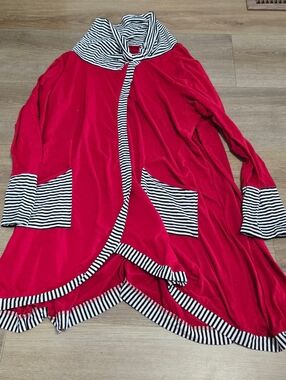 Hua Lan Womens Red With Black White Striped Trim Open Front Cardigan Size 5XL